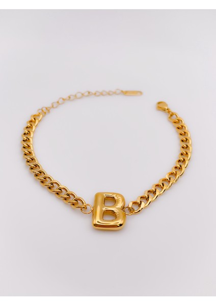 Çelik Bileklik Bombeli B Harfli Kalın Zincir Bileklik