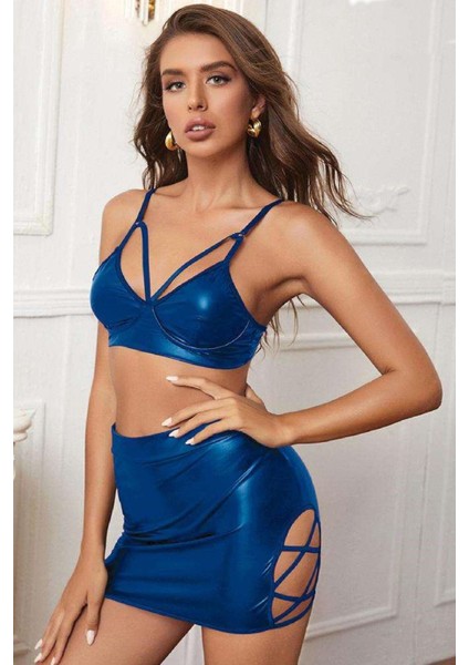 KTYRA52 Kadın Fantezi Deri Kostüm Harness Erotik Kıyafet D21053 Mavi