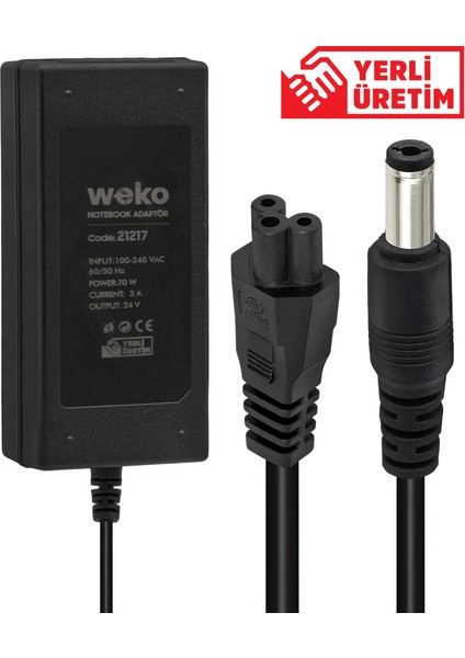 XML Dünyası Weko 24 Volt - 3 Amper - 70 Watt 5.5*2.5 Uçlu Yerli Üretim Notebook Adaptör