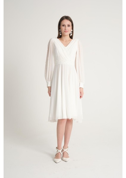 İncili Beyaz Şifon Abiye Elbise fiyatları
