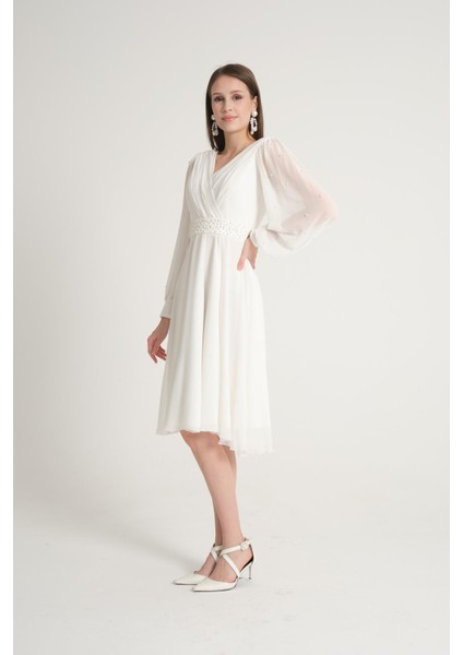 İncili Beyaz Şifon Abiye Elbise fırsatları