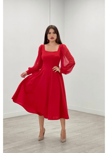 Krep Kumaş Kolları Tül Detaylı Midi Elbise - Kırmızı
