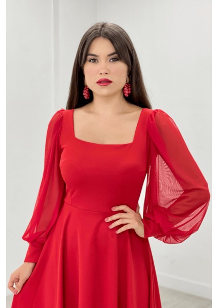 Krep Kumaş Kolları Tül Detaylı Midi Elbise - Kırmızı modelleri