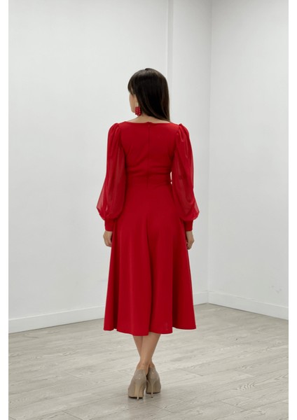 Krep Kumaş Kolları Tül Detaylı Midi Elbise - Kırmızı indirimleri