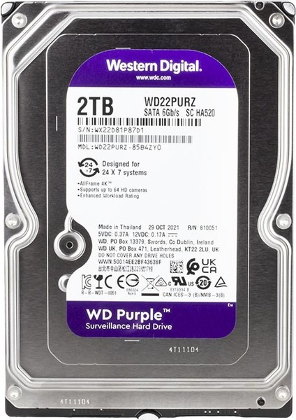 Western Digital Purple WD22PURZ/WD23PURZ 2 Tb Sata 6gb/s 7/24 Güvenlik Harddisk Byr [byrtek]