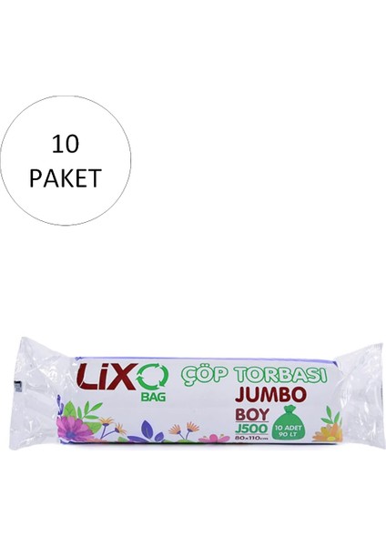 J-500 Jumbo Boy Çöp Torbası 80 x 110 cm 10'lu Rulo x 10 Paket 100 Adet Siyah