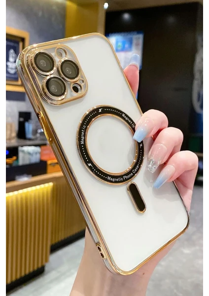 Apple iPhone 14 Pro Uyumlu Magsafe Destekli 3D Lens Korumalı Gold Magsafe Kılıf