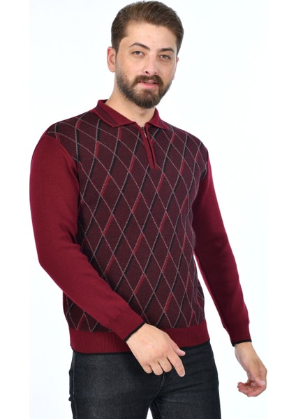 Erkek Çelik Örgü Ekose Desenli Gömlek Yaka Fermuarlı Polo Yakalı Tüylenmez Triko Kışlık Baba Kazak modelleri