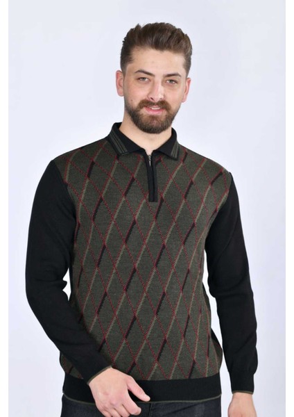 Erkek Çelik Örgü Ekose Desenli Gömlek Yaka Fermuarlı Polo Yakalı Tüylenmez Triko Kışlık Baba Kazak modelleri