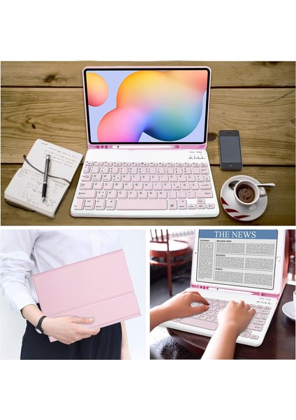 Samsung Galaxy Tab S6 Lite SM-P610 Uyumlu Tablet Klavyeli Kılıf Bluetooth Renkli Klavyeli Kalem Bölmeli Wireless Q