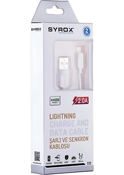 Iphone Şarj & Data Kablosu Syrox C12 Lightning 2.0A Wesafe