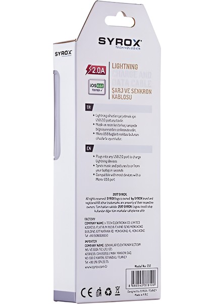 Iphone Şarj & Data Kablosu Syrox C12 Lightning 2.0A Wesafe modelleri