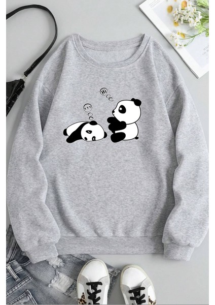 Only Trend Wear Unisex Uykucu Panda Baskılı Bisiklet Yaka Sweatshirt