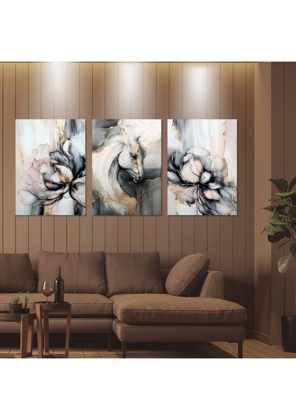 3'lü Kanvas Tablo Seti Gold Beyaz Çiçekler ve At Portresi