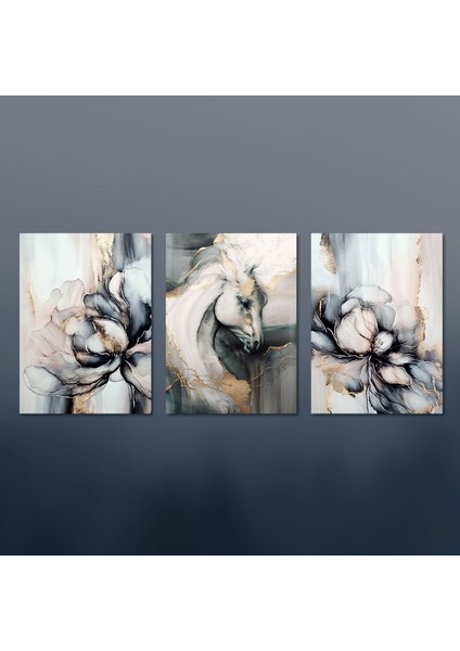 3'lü Kanvas Tablo Seti Gold Beyaz Çiçekler ve At Portresi indirimleri