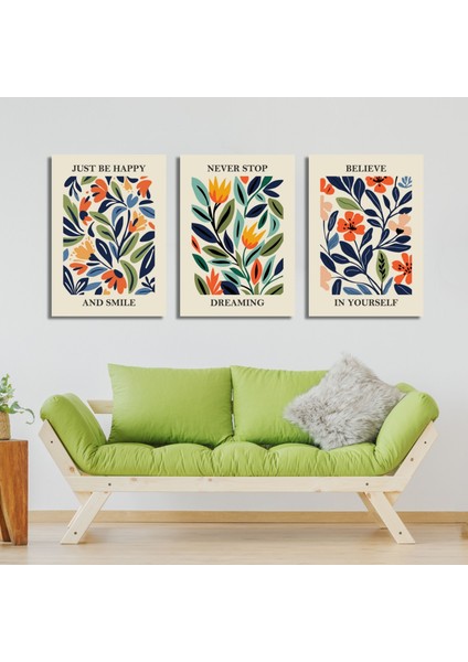 3'lü Kanvas Tablo Seti Kaliteli Çok Renkli Soyut Çiçekler