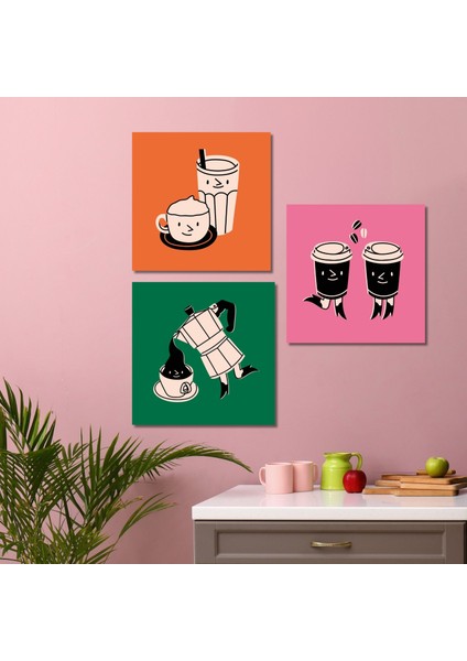 3'lü Kare Kanvas Mutfak Tablo Seti Eğlenceli Bardaklar