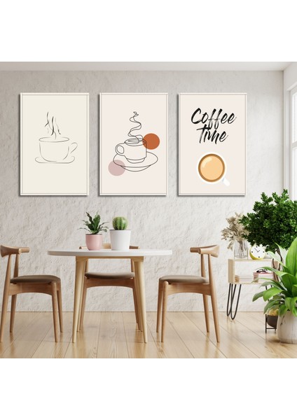 3'lü Kanvas Mutfak Tablo Seti Çizgisel Coffee Time
