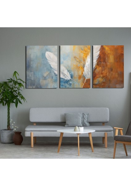 3'lü Kanvas Tablo Seti Yağlı Boya Dokulu Beyaz Şans Tüyü Görseli