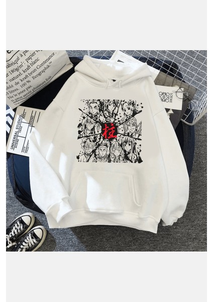 Demon Slayer Hashirama Beyaz Kapşonlu Sweatshirt