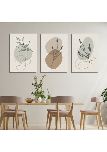 3'lü Kanvas Tablo Seti Pastel Çizgisel Yapraklar ve Lavanta