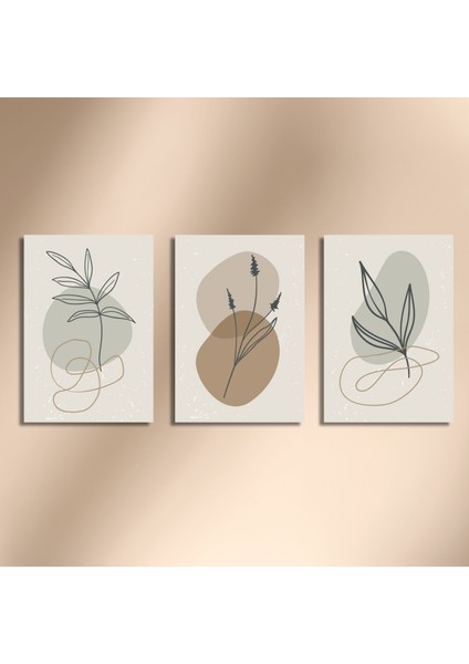 3'lü Kanvas Tablo Seti Pastel Çizgisel Yapraklar ve Lavanta indirimleri