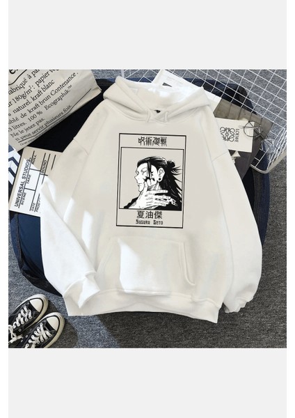 Jujutsu Kaisen Geto Beyaz Kapşonlu Sweatshirt