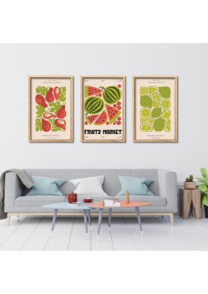 3'lü Ahşap Lamine Çerçeveli Mdf Tablo Fruit Market Karpuz Lime