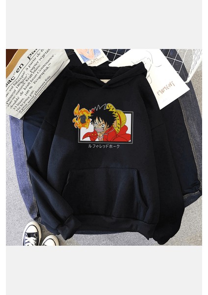 One Piece Luffy Red Hawk Kapşonlu Sweatshirt