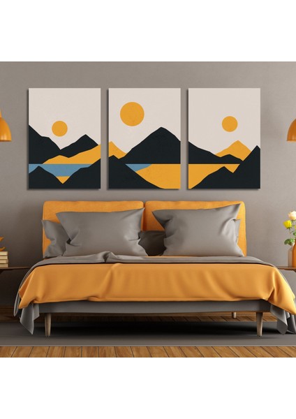 3'lü Kanvas Tablo Seti Soyut Gün Doğumu ve Dağ Manzarası