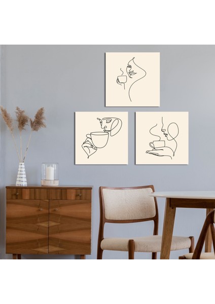 3'lü Kare Kanvas Mutfak Tablo Seti Çizgisel Kahve Içen Kadın