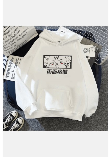 Jujutsu Kaisen Sukuna Eyes Beyaz Kapşonlu Sweatshirt