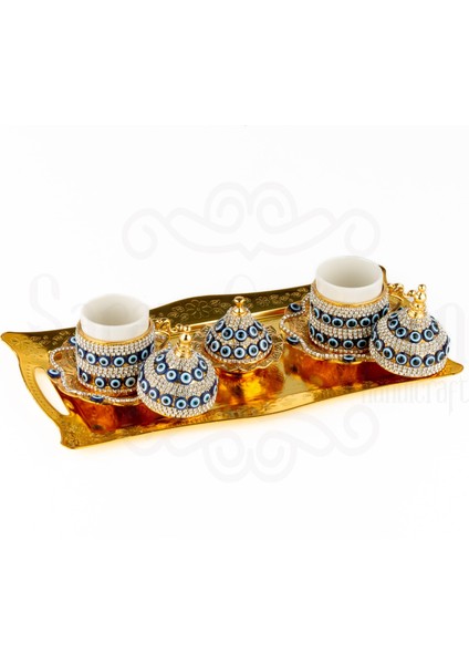 Nazar ve Swarovski Taşlı Kahve Fincan Takımı 2'lı Tepsili Lale Gold fiyatları