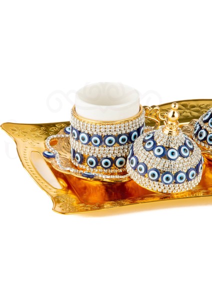 Nazar ve Swarovski Taşlı Kahve Fincan Takımı 2'lı Tepsili Lale Gold modelleri