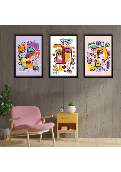3'lü Ahşap Lamine Çerçeveli Mdf Tablo Pablo Picasso Renkli Portre