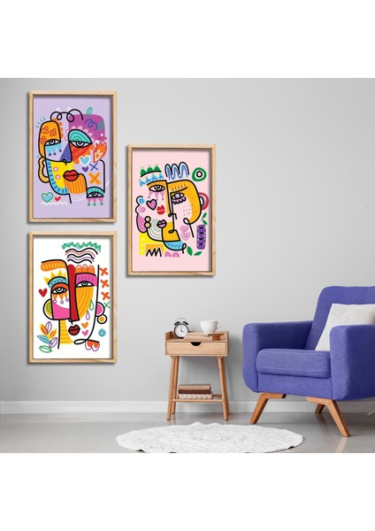3'lü Ahşap Lamine Çerçeveli Mdf Tablo Pablo Picasso Renkli Portre