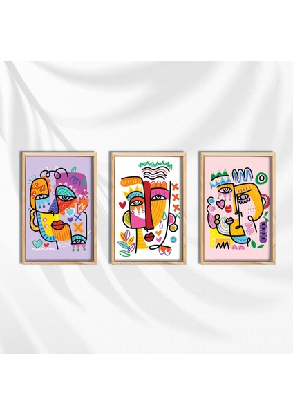 3'lü Ahşap Lamine Çerçeveli Mdf Tablo Pablo Picasso Renkli Portre