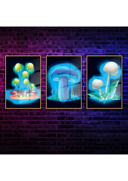 3'lü Metal Çerçeveli Cam Tablo Seti Neon Sihirli Mantarlar