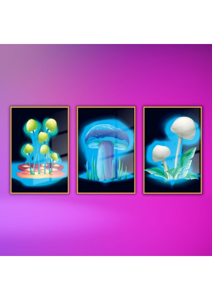 3'lü Metal Çerçeveli Cam Tablo Seti Neon Sihirli Mantarlar fiyatları