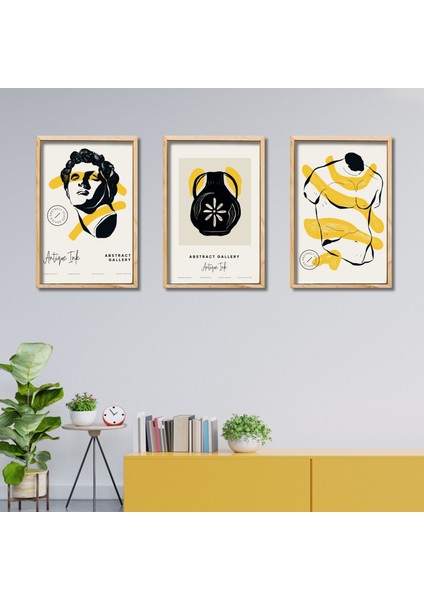 3'lü Ahşap Lamine Çerçeveli Mdf Tablo Modern Antik Heykel
