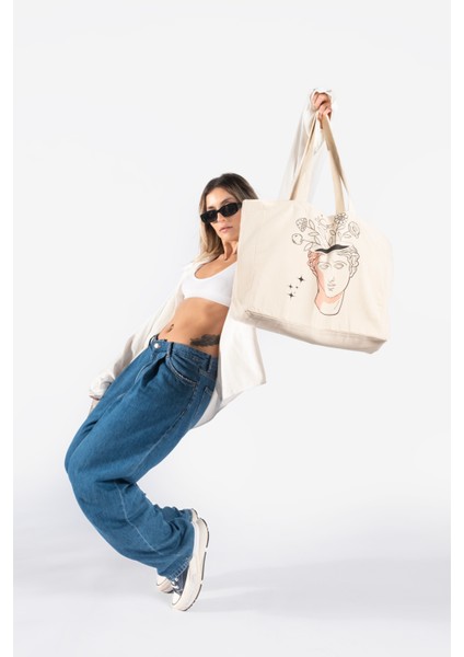 "floral Bust" Canvas Tote Omuz ve Plaj Çantası