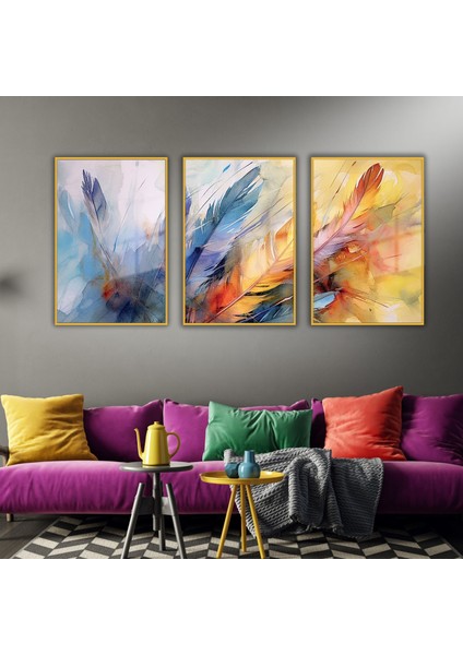 3'lü Metal Çerçeveli Cam Tablo Seti Soyut Renkli Kuş Tüyleri