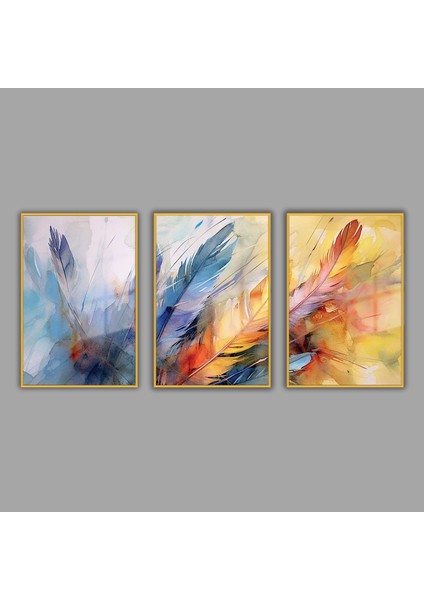 3'lü Metal Çerçeveli Cam Tablo Seti Soyut Renkli Kuş Tüyleri fiyatları