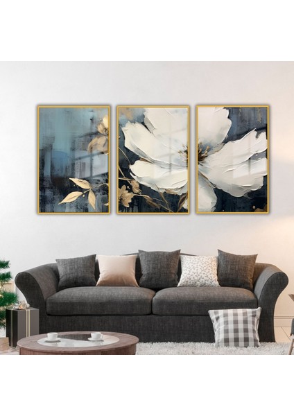 3'lü Metal Çerçeveli Cam Tablo Seti Beyaz Orkide Gold Yaprak