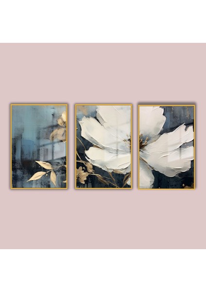 3'lü Metal Çerçeveli Cam Tablo Seti Beyaz Orkide Gold Yaprak fiyatları