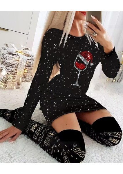 Kadın Uzun Kollu Taş Kadeh Baskı Mikro Kumaş Mini Boy Elbise (Çorapsız)