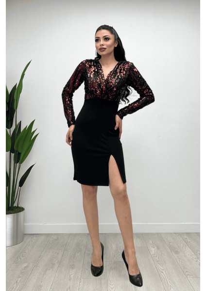 Üst Payet Alt Krep Kumaş Abiye Elbise - Bordo