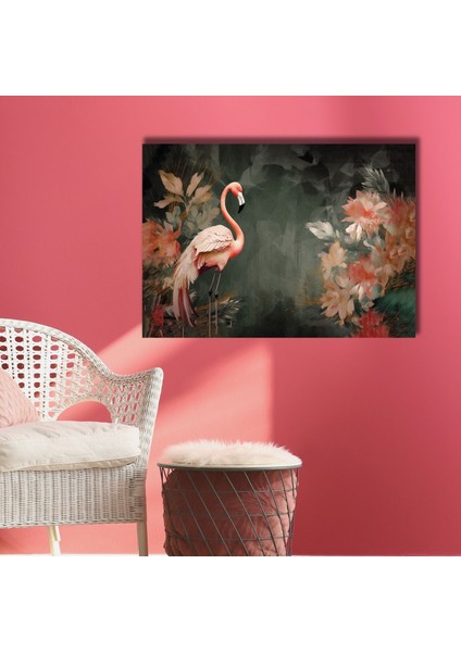 Tekli Yatay Kanvas Tablo Pastel Pembe Flamingo ve Yapraklar