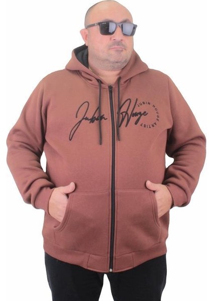 Fermuarlı Kapuşonlu Büyük Beden Sweat Jubin 23221 Taba