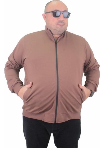Büyük Beden Basic Mevsimlik Fermuarlı Sweatshirt 22750 Taba